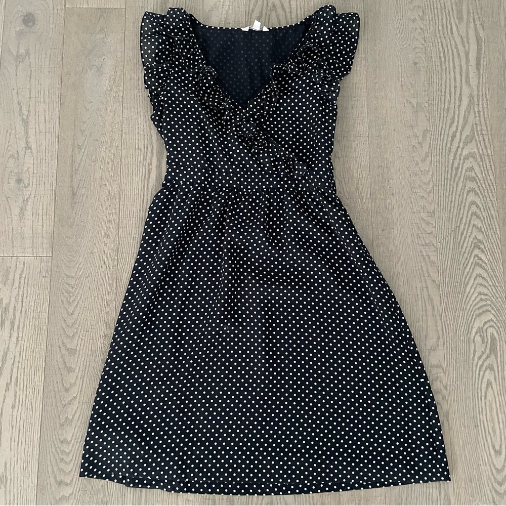 Alfred Sung Pure Size S Black White Polka Dot Ruffle summer chiffon Dress